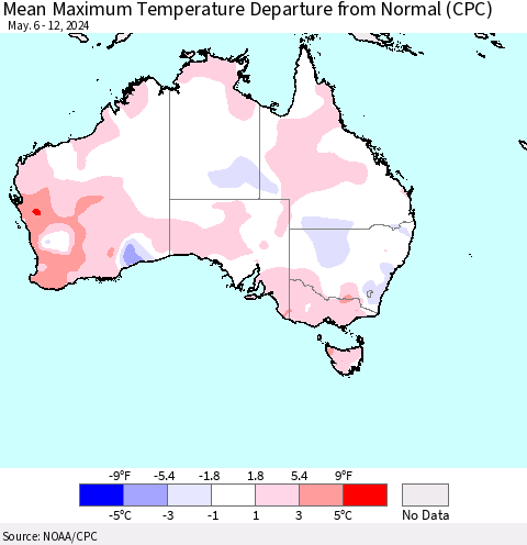 Australia Mean Maximum Temperature Departure from Normal (CPC) Thematic Map For 5/6/2024 - 5/12/2024