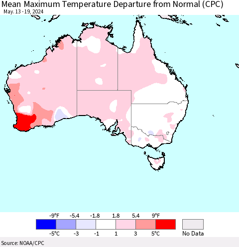 Australia Mean Maximum Temperature Departure from Normal (CPC) Thematic Map For 5/13/2024 - 5/19/2024