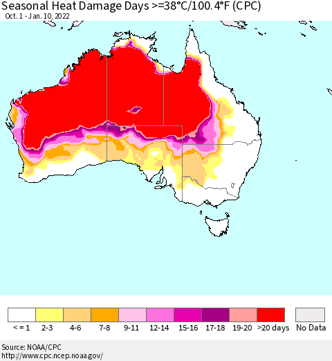 Australia Seasonal Heat Damage Days >=38°C/100°F (CPC) Thematic Map For 10/1/2021 - 1/10/2022
