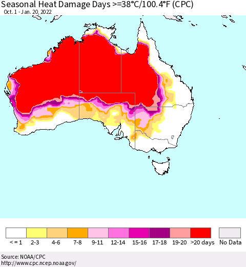 Australia Seasonal Heat Damage Days >=38°C/100°F (CPC) Thematic Map For 10/1/2021 - 1/20/2022