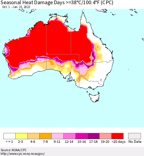 Australia Seasonal Heat Damage Days >=38°C/100°F (CPC) Thematic Map For 10/1/2021 - 1/31/2022