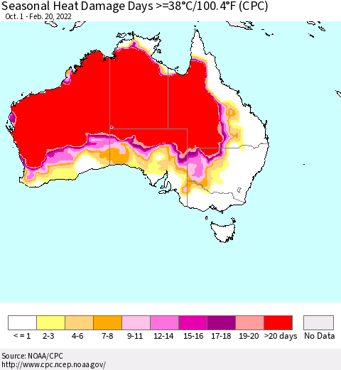 Australia Seasonal Heat Damage Days >=38°C/100°F (CPC) Thematic Map For 10/1/2021 - 2/20/2022