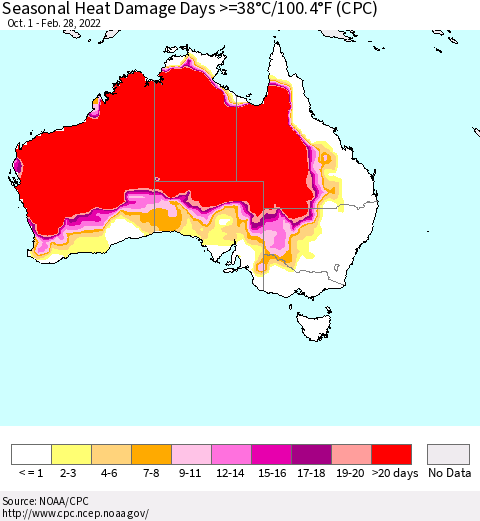 Australia Seasonal Heat Damage Days >=38°C/100°F (CPC) Thematic Map For 10/1/2021 - 2/28/2022