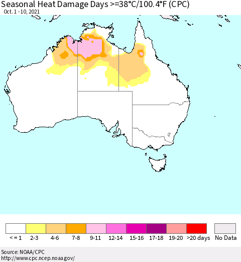 Australia Seasonal Heat Damage Days >=38°C/100°F (CPC) Thematic Map For 10/1/2021 - 10/10/2021