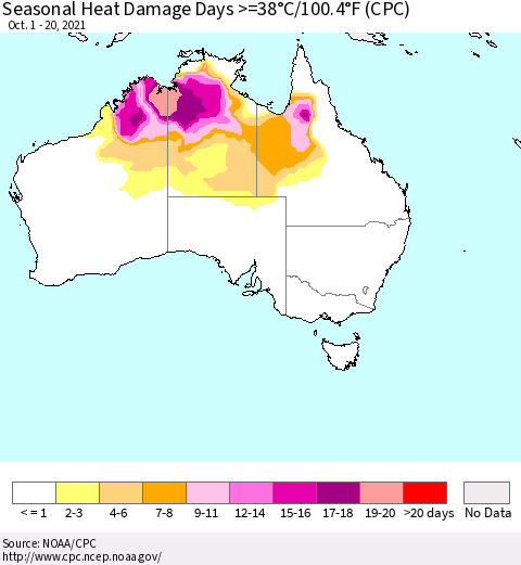 Australia Seasonal Heat Damage Days >=38°C/100°F (CPC) Thematic Map For 10/1/2021 - 10/20/2021