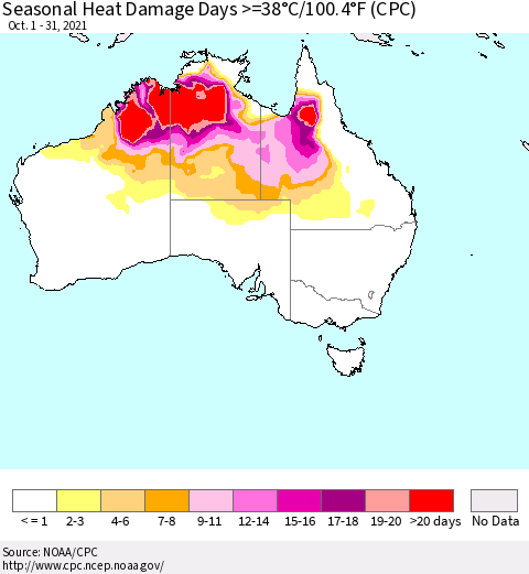 Australia Seasonal Heat Damage Days >=38°C/100°F (CPC) Thematic Map For 10/1/2021 - 10/31/2021