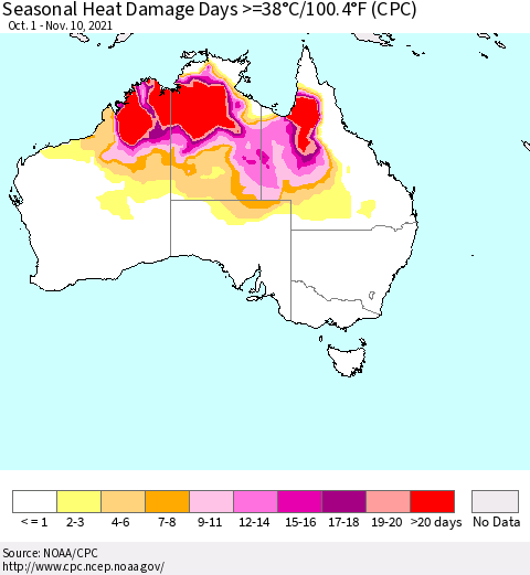 Australia Seasonal Heat Damage Days >=38°C/100°F (CPC) Thematic Map For 10/1/2021 - 11/10/2021