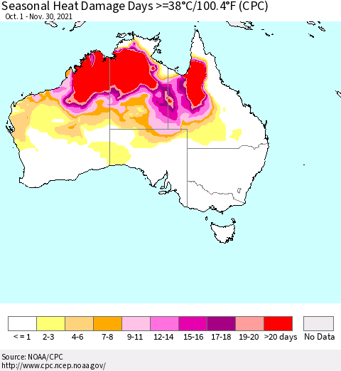 Australia Seasonal Heat Damage Days >=38°C/100°F (CPC) Thematic Map For 10/1/2021 - 11/30/2021