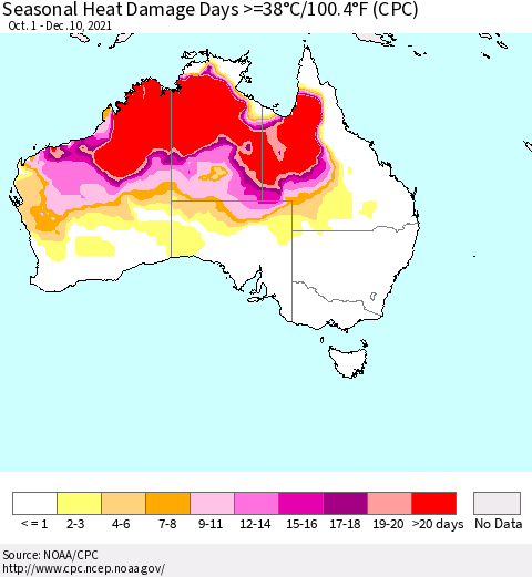 Australia Seasonal Heat Damage Days >=38°C/100°F (CPC) Thematic Map For 10/1/2021 - 12/10/2021