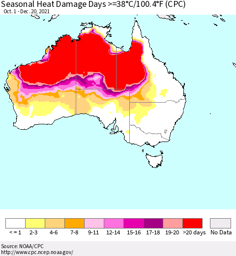 Australia Seasonal Heat Damage Days >=38°C/100°F (CPC) Thematic Map For 10/1/2021 - 12/20/2021