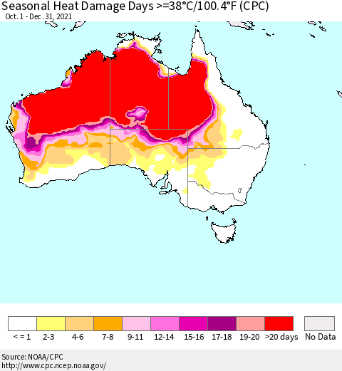 Australia Seasonal Heat Damage Days >=38°C/100°F (CPC) Thematic Map For 10/1/2021 - 12/31/2021