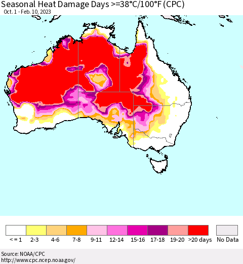 Australia Seasonal Heat Damage Days >=38°C/100°F (CPC) Thematic Map For 10/1/2022 - 2/10/2023