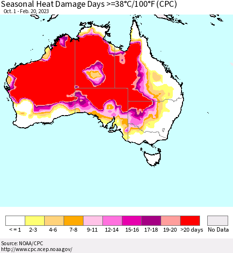 Australia Seasonal Heat Damage Days >=38°C/100°F (CPC) Thematic Map For 10/1/2022 - 2/20/2023
