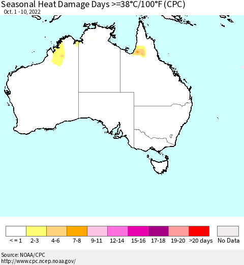Australia Seasonal Heat Damage Days >=38°C/100°F (CPC) Thematic Map For 10/1/2022 - 10/10/2022