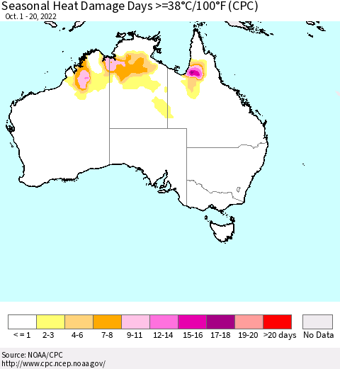 Australia Seasonal Heat Damage Days >=38°C/100°F (CPC) Thematic Map For 10/1/2022 - 10/20/2022