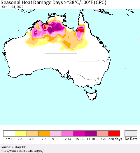Australia Seasonal Heat Damage Days >=38°C/100°F (CPC) Thematic Map For 10/1/2022 - 10/31/2022