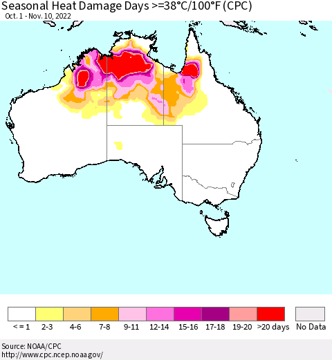 Australia Seasonal Heat Damage Days >=38°C/100°F (CPC) Thematic Map For 10/1/2022 - 11/10/2022