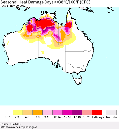Australia Seasonal Heat Damage Days >=38°C/100°F (CPC) Thematic Map For 10/1/2022 - 11/20/2022