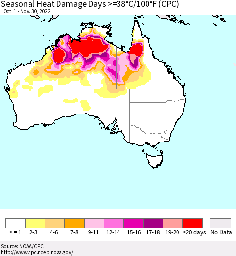 Australia Seasonal Heat Damage Days >=38°C/100°F (CPC) Thematic Map For 10/1/2022 - 11/30/2022