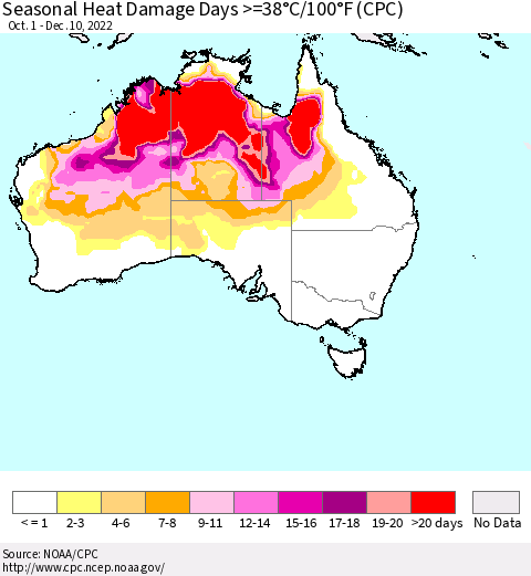 Australia Seasonal Heat Damage Days >=38°C/100°F (CPC) Thematic Map For 10/1/2022 - 12/10/2022