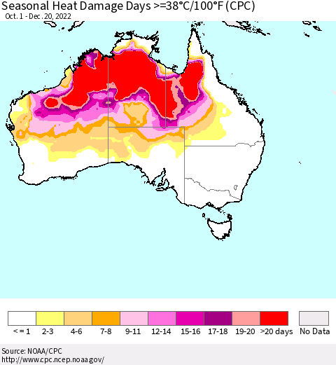 Australia Seasonal Heat Damage Days >=38°C/100°F (CPC) Thematic Map For 10/1/2022 - 12/20/2022