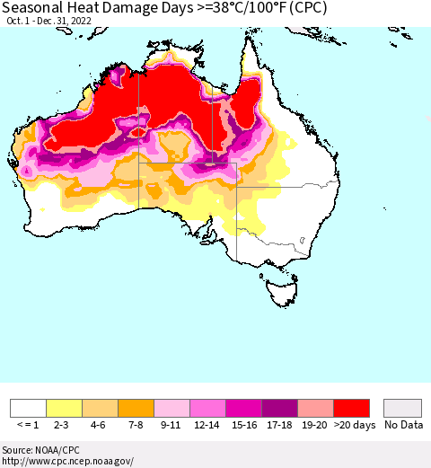 Australia Seasonal Heat Damage Days >=38°C/100°F (CPC) Thematic Map For 10/1/2022 - 12/31/2022
