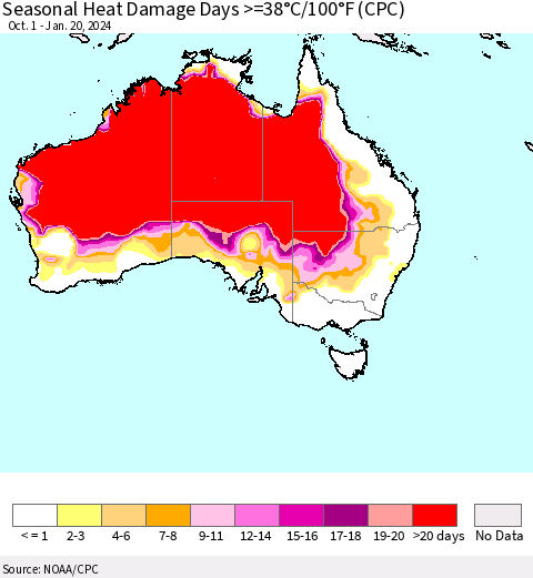 Australia Seasonal Heat Damage Days >=38°C/100°F (CPC) Thematic Map For 10/1/2023 - 1/20/2024