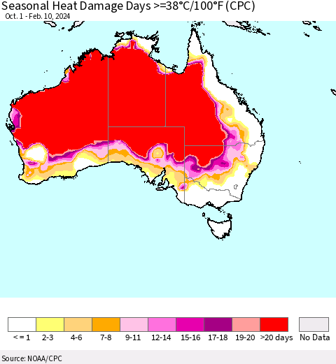 Australia Seasonal Heat Damage Days >=38°C/100°F (CPC) Thematic Map For 10/1/2023 - 2/10/2024