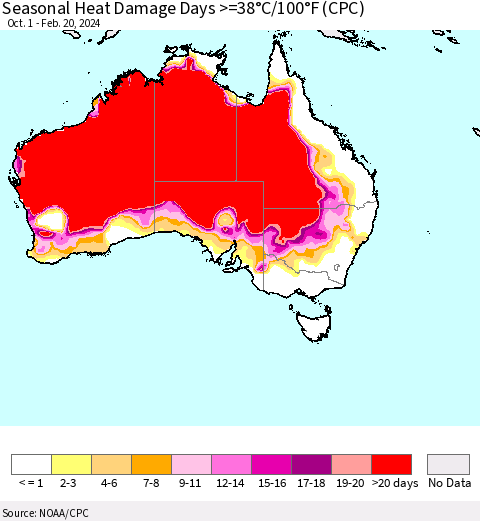 Australia Seasonal Heat Damage Days >=38°C/100°F (CPC) Thematic Map For 10/1/2023 - 2/20/2024