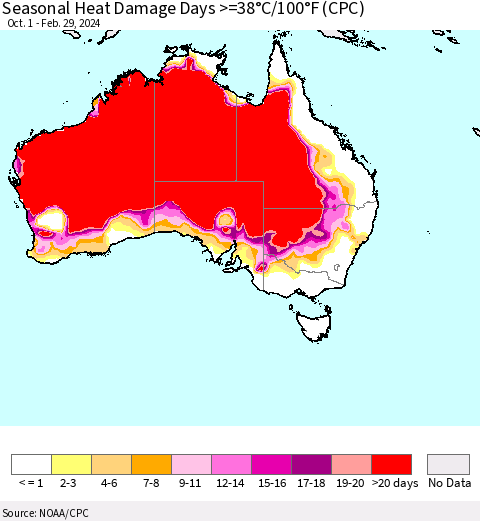 Australia Seasonal Heat Damage Days >=38°C/100°F (CPC) Thematic Map For 10/1/2023 - 2/29/2024