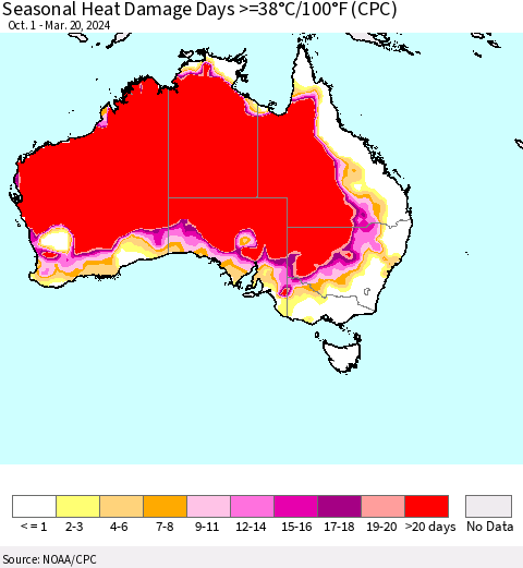 Australia Seasonal Heat Damage Days >=38°C/100°F (CPC) Thematic Map For 10/1/2023 - 3/20/2024