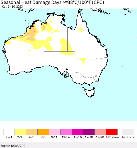 Australia Seasonal Heat Damage Days >=38°C/100°F (CPC) Thematic Map For 10/1/2023 - 10/10/2023