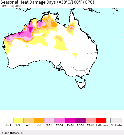 Australia Seasonal Heat Damage Days >=38°C/100°F (CPC) Thematic Map For 10/1/2023 - 10/20/2023