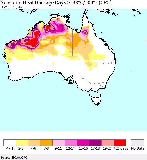 Australia Seasonal Heat Damage Days >=38°C/100°F (CPC) Thematic Map For 10/1/2023 - 10/31/2023