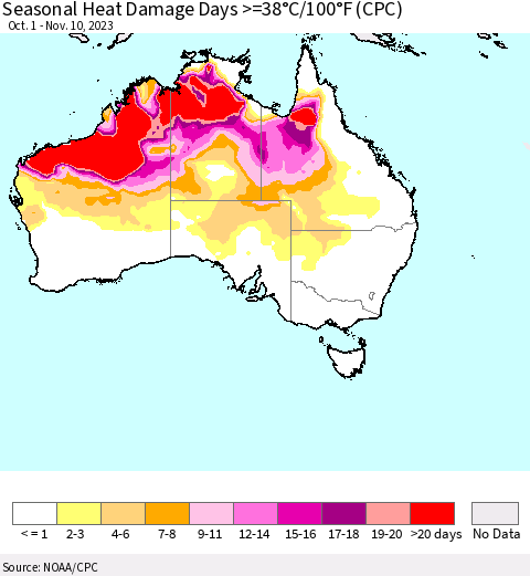 Australia Seasonal Heat Damage Days >=38°C/100°F (CPC) Thematic Map For 10/1/2023 - 11/10/2023