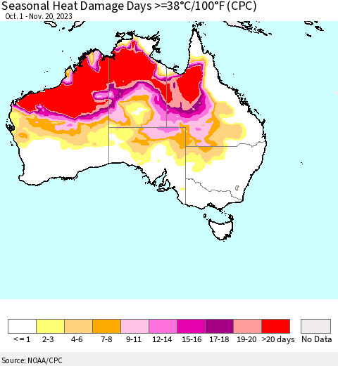 Australia Seasonal Heat Damage Days >=38°C/100°F (CPC) Thematic Map For 10/1/2023 - 11/20/2023
