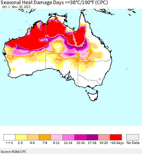 Australia Seasonal Heat Damage Days >=38°C/100°F (CPC) Thematic Map For 10/1/2023 - 11/30/2023