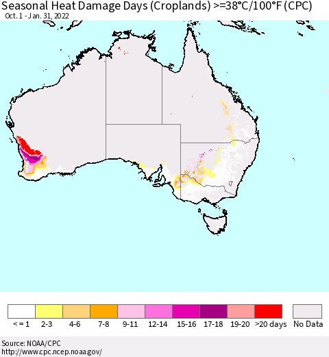Australia Seasonal Heat Damage Days (Croplands) >=38°C/100°F (CPC) Thematic Map For 10/1/2021 - 1/31/2022