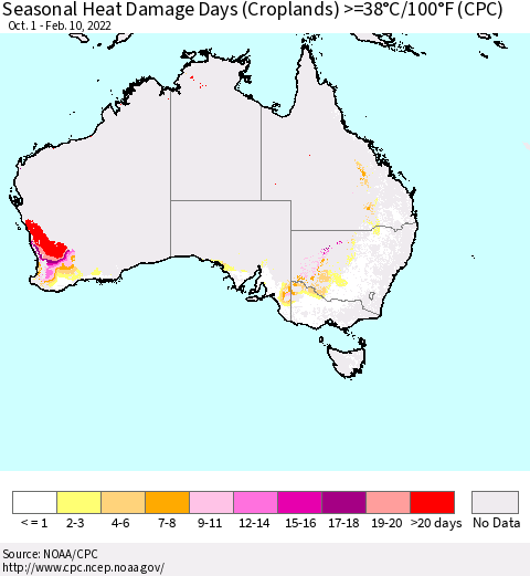 Australia Seasonal Heat Damage Days (Croplands) >=38°C/100°F (CPC) Thematic Map For 10/1/2021 - 2/10/2022