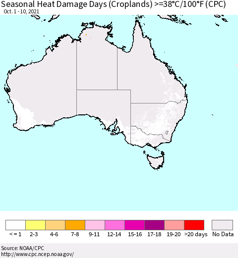 Australia Seasonal Heat Damage Days (Croplands) >=38°C/100°F (CPC) Thematic Map For 10/1/2021 - 10/10/2021