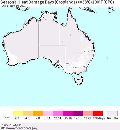 Australia Seasonal Heat Damage Days (Croplands) >=38°C/100°F (CPC) Thematic Map For 10/1/2021 - 11/10/2021