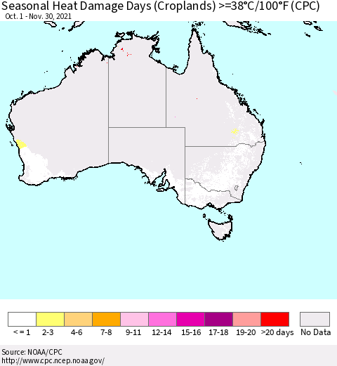 Australia Seasonal Heat Damage Days (Croplands) >=38°C/100°F (CPC) Thematic Map For 10/1/2021 - 11/30/2021