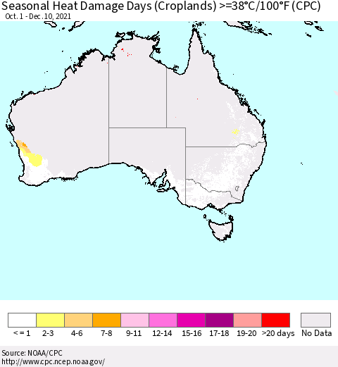 Australia Seasonal Heat Damage Days (Croplands) >=38°C/100°F (CPC) Thematic Map For 10/1/2021 - 12/10/2021