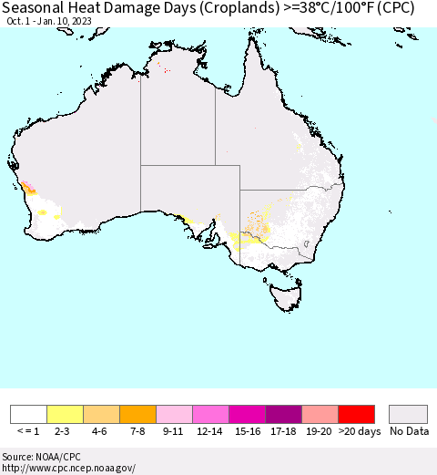 Australia Seasonal Heat Damage Days (Croplands) >=38°C/100°F (CPC) Thematic Map For 10/1/2022 - 1/10/2023