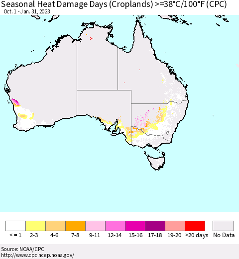 Australia Seasonal Heat Damage Days (Croplands) >=38°C/100°F (CPC) Thematic Map For 10/1/2022 - 1/31/2023