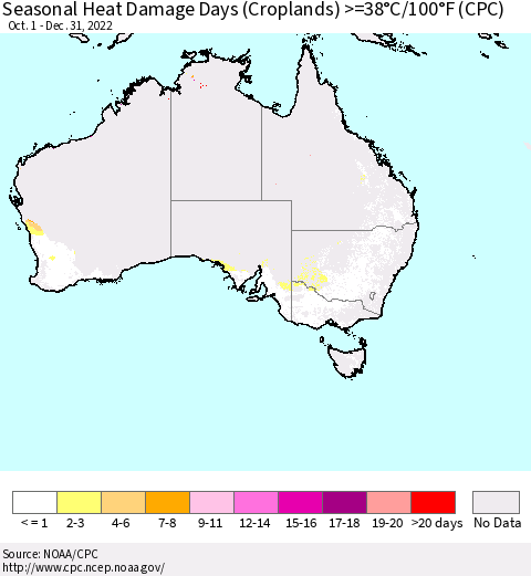 Australia Seasonal Heat Damage Days (Croplands) >=38°C/100°F (CPC) Thematic Map For 10/1/2022 - 12/31/2022