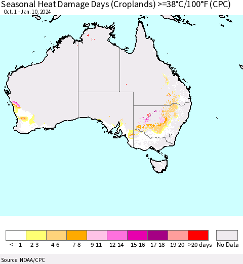Australia Seasonal Heat Damage Days (Croplands) >=38°C/100°F (CPC) Thematic Map For 10/1/2023 - 1/10/2024