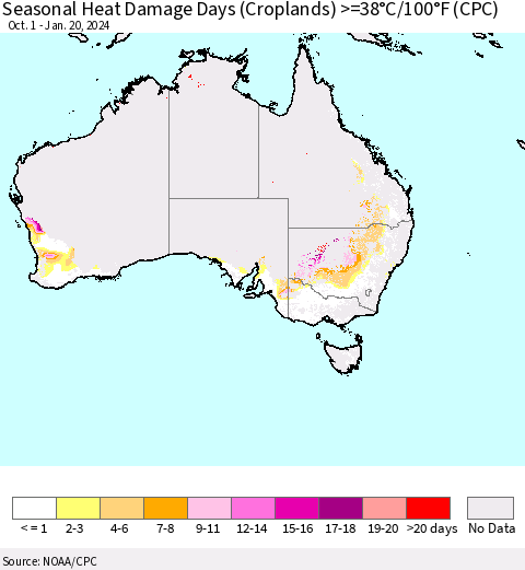 Australia Seasonal Heat Damage Days (Croplands) >=38°C/100°F (CPC) Thematic Map For 10/1/2023 - 1/20/2024
