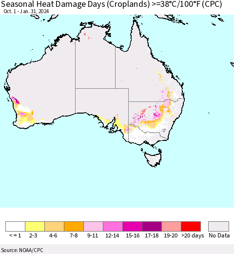 Australia Seasonal Heat Damage Days (Croplands) >=38°C/100°F (CPC) Thematic Map For 10/1/2023 - 1/31/2024