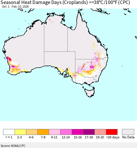 Australia Seasonal Heat Damage Days (Croplands) >=38°C/100°F (CPC) Thematic Map For 10/1/2023 - 2/10/2024